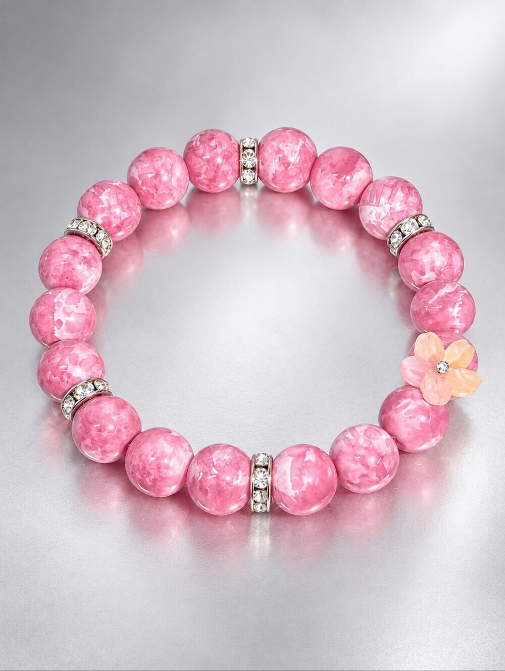 Pink Natural Sakura Agate Stone , Plum Blossom and Rhinestones Beaded Bracelet